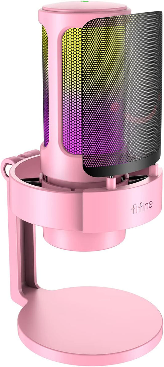 FIFINE USB Streaming Gaming Microphone, PC Condenser Desktop Mic for Video, Home use, YouTube, with RGB Control, Gain Knob, 3.5mm Headphone Jack, Shock Mount, on Computer/PS5-AmpliGame A8 Pink