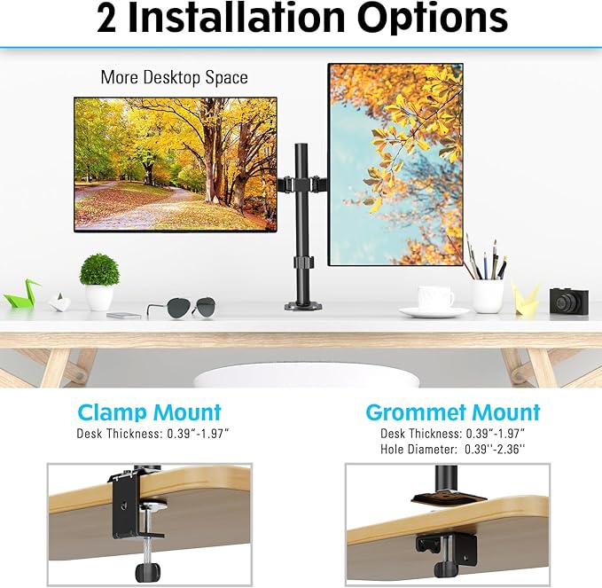 Dual Monitor Mount, Hold Two Screens up to 32", 17.6 lbs Each, Fully Adjustable Arms with C-Clamp and Grommet Base, Double Monitor Stand