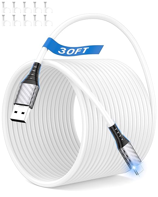 30ft Long USB C Cable to USB A 10W 12W 18W 20W Heavy-Duty Power Extension Cord USBA to USBC Charging for Samsung/Galaxy Note 20 Ultra for Tapo/TP-Link/Xiaomi/Mi/eufy Security CCTV Camera White