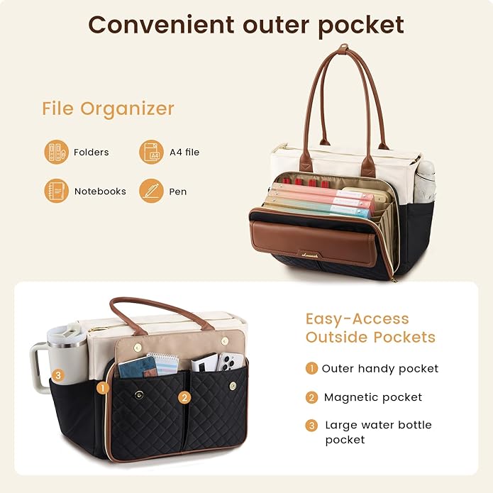 LOVEVOOK Teacher Tote Bag for Women, Laptop Bag Briefcase with Accordion File Pocket, Nurse Handbag for Work, Travel, College | 40oz Cup Holder, Muli-Pockets