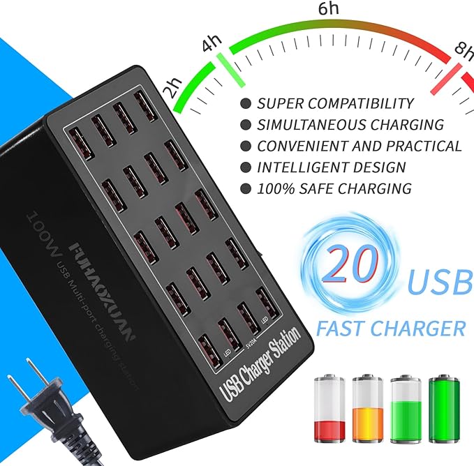 100W 20Port USB Charging Station, Multi USB Charger for Multiple Devices (Black, 2 Pack)