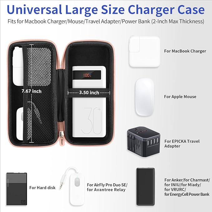 iMangoo Travel Essential Electronics Organizer Charger Case, Shockproof Dual Zipper Power Bank Cables Tech Accessories Pouch Purse, Men & Women Travel Must Have Storage Bag, 8.5x4.5x2 inch Rose Gold