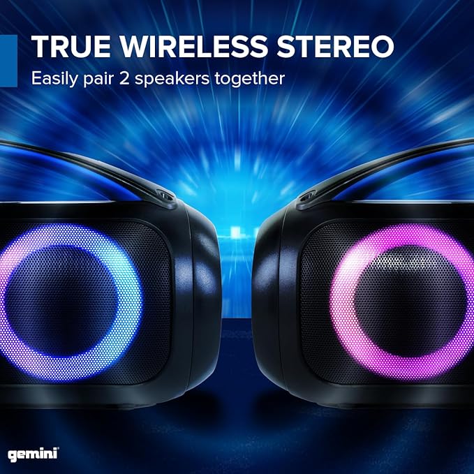 Gemini Portable Bluetooth Boombox Speaker with Deep Bass, LED Party Lights, FM Radio, USB, Mic Input & 7-Hour Battery – Rechargeable Wireless Speaker for Travel, Gym, or Home Use (GGO-230L)