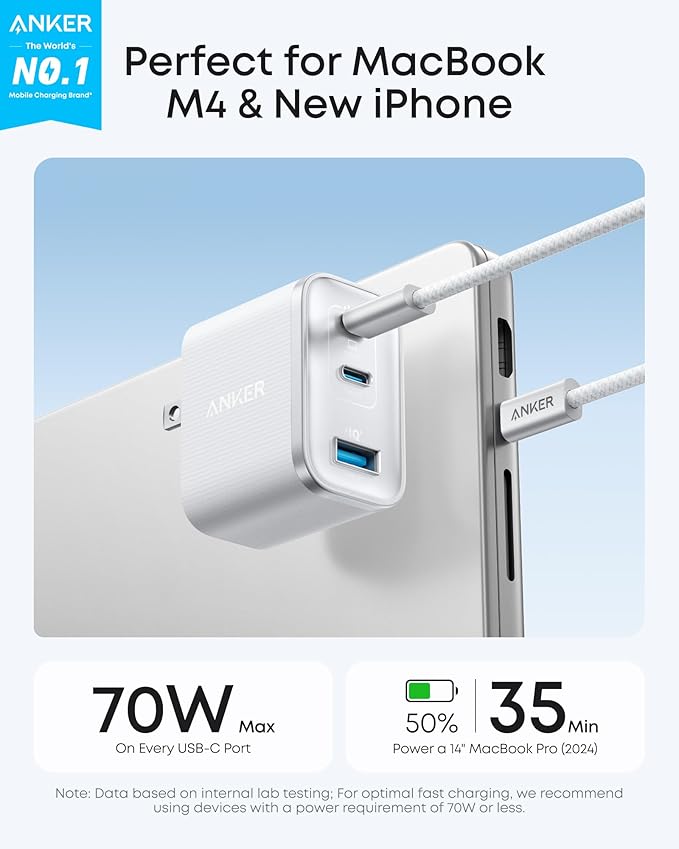 Anker Nano Charger, Ultra-Fast 70W Output 3-Port USB C Charger Block, Fast Charging, Compact and Stylish, for iPhone 17/16 Series, MacBook, iPad, Pixel, Galaxy, and More(White, Cable Included)