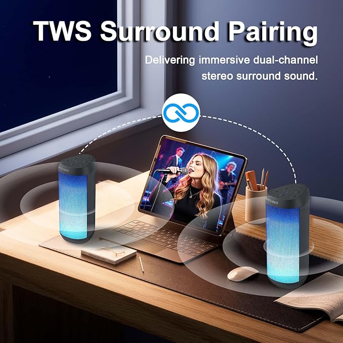 Portable Wireless Bluetooth Speaker with HD Powerful Stereo Sound, 8 Cool LED Light Modes, IPX4 Waterproof, 30H Playtime, TWS Pairing, BT5.3 with AUX-in, for Outdoor/Home/Party, Ideal Gift