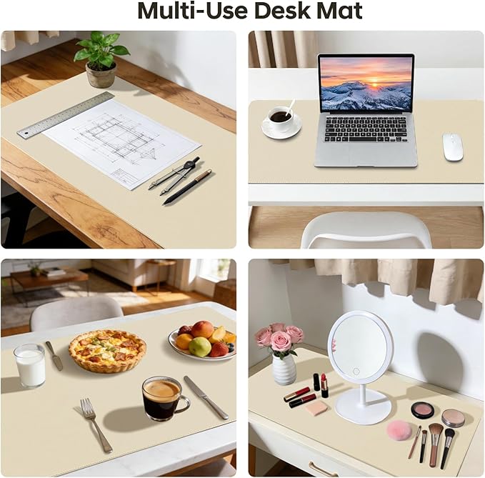 Leather Desk Pad Protector, Office Desk Mat, Large Mouse Pad, Non-Slip PU Leather Desk Blotter, Waterproof Computer Desk Writing Pad for Office and Home (Beige, 36" x 17")
