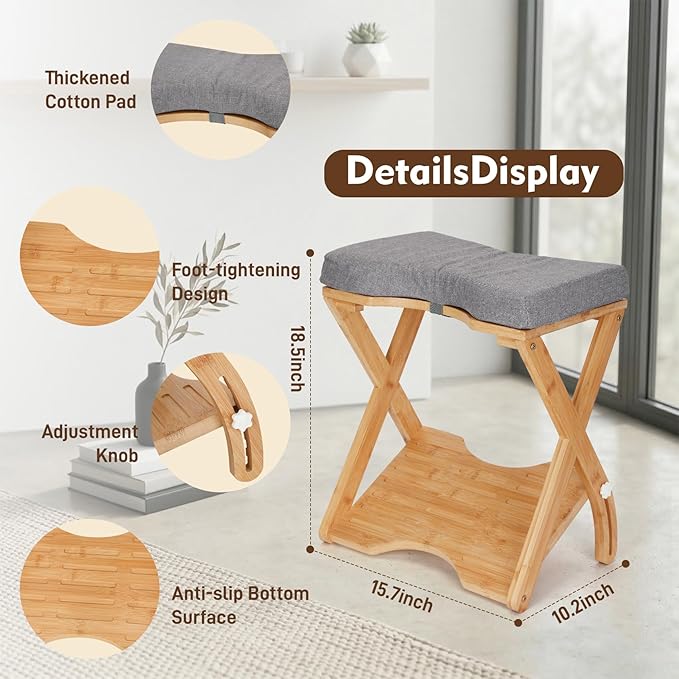 Double Step Footrest Under Desk,6 Adjustable Heights with Adjustment Knob,Adjustable lErgonomic Foot Stool Under Desk for Home &Office,Cushioned Top &Non-Slip Surface,Excellent Bamboo Wood