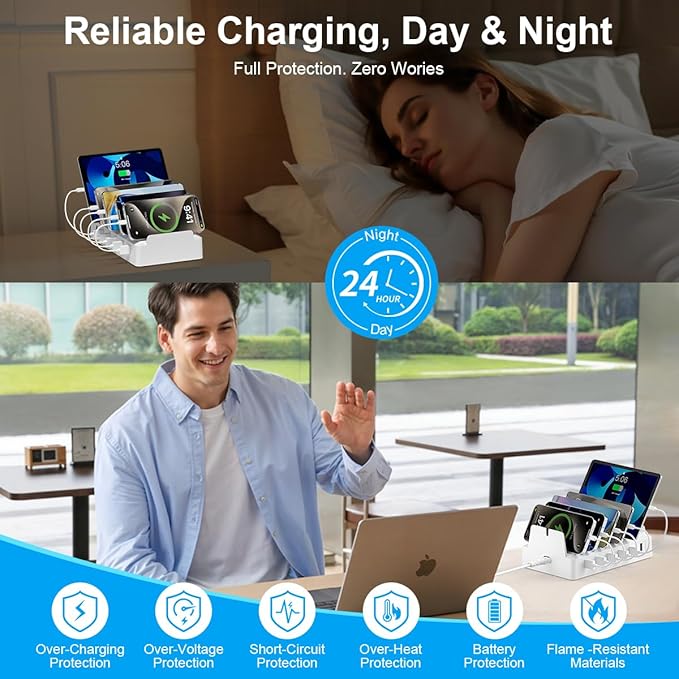 Charging Station for Multiple Devices, 6 Port USB Charger with Holder Stand and Cables for iPad, Apple, Android, Tablet, Office Desk Charging Dock Storage Organizer (White)