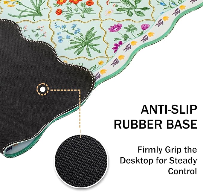 L-SPOUTTO Green Mouse Pad,Botanical Desk Mat XXL Large Scalloped Gaming Mousepad,35.4x15.7in Non-Slip Rubber Base Keyboard Pad Waterproof Desktop Mat for Laptop Computer Game Home Office-Flowers