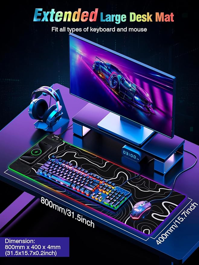 Wireless Charging RGB Gaming Mouse Pad, 31.5"x15.7" XXL Large Desk Mat, Desk Pad for Gamer, 9 Light Modes, Non-Slip Rubber Base, Waterproof, Computer Keyboard Mat, Black