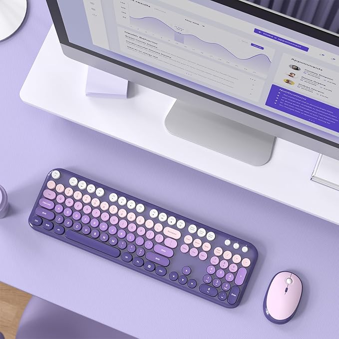 Wireless Keyboard and Mouse, 2.4G USB Retro Full Size Typewriter Keyboard and Cute Mouse Combo for Windows 7/8/10, Laptop, Desktop, PC, Computer (Purple)