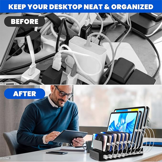 Charging Station for Multiple Devices,100W 10-Port Multi USB Charger with Power Switch,Adjustable Dividers and Type-C 3A for iPhone Galaxy iPad Tablet(Short Cables Not Included)