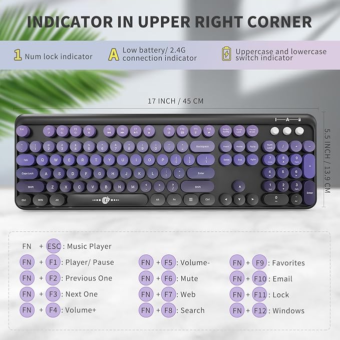 Wireless Keyboard and Mouse Combo, 2.4 GHz Wireless Full-Sized Typewriter Keyboard with Round Keycaps for Windows, Computer, Desktop, PC, Laptop (BlackPurple)