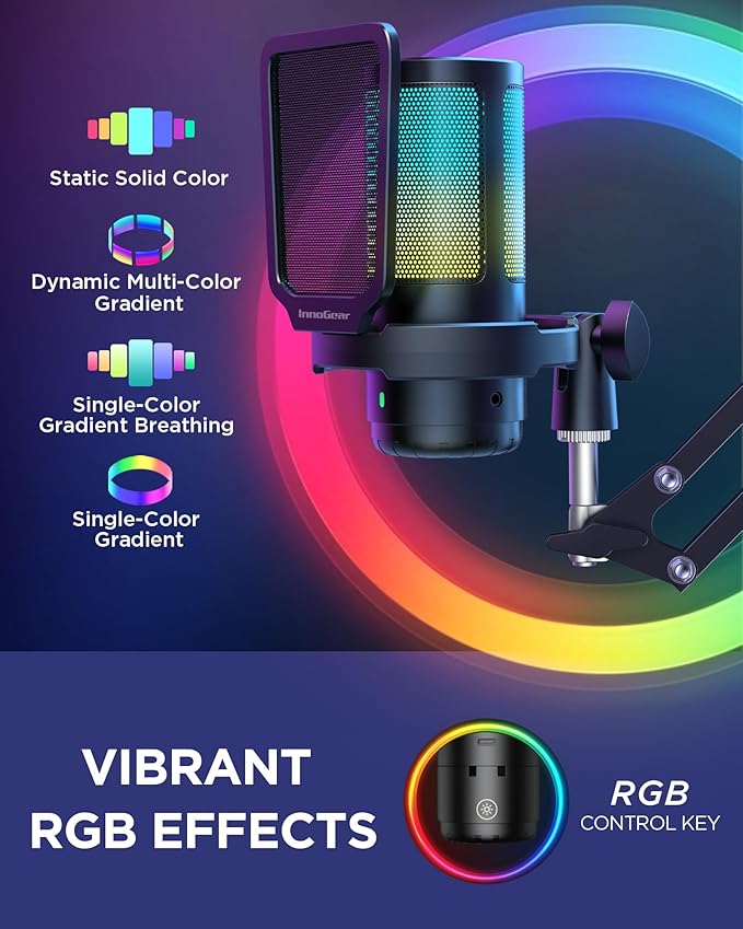 InnoGear Gaming USB Microphone, Noise Cancellation Condenser Mic with Mute, Gain, RGB Indicator, Boom Arm Stand for Streaming, Podcast, Twitch, YouTube, Discord, PC, Computer, PS4, PS5, Mac, Black