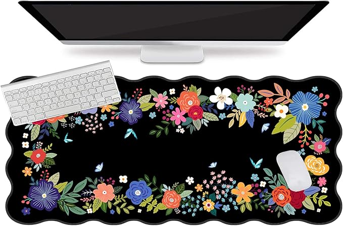 L-SPOUTTO Floral Mouse Pad,Black Desk Mat XXL Large Scalloped Gaming Mousepad,35.4x15.7in Non-Slip Rubber Base Keyboard Pad Waterproof Desktop Mat for Laptop Computer Game Home Office-Black Floral