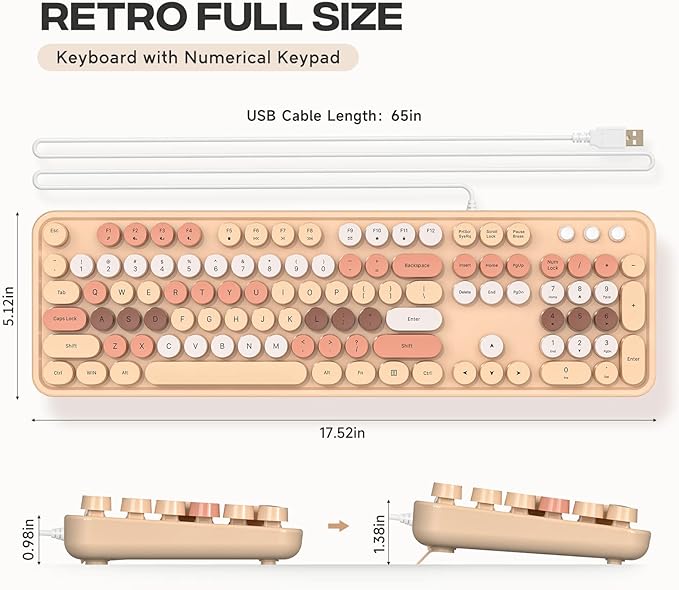 Wired Keyboard, 104 Keys Full-Sized Typewriter Keyboards, USB Plug and Play Office Keyboard with Number Pad, Caps Indicators, Foldable Stands for Windows, PC, Laptop, Desktop (Milk-Tea)