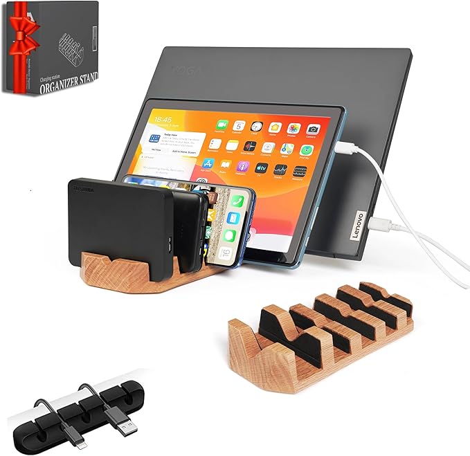 Oak Multi-Device Organizer with Cord Organizer and Anti-Scratch Pads Accessories Set – Vertical Stand for Laptops, Tablets, Phones, and external Hard Drives – Desk station Dock for Home Office