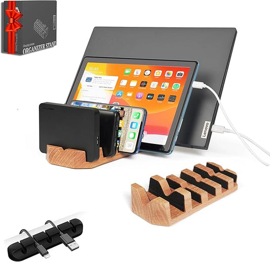 Oak Multi-Device Organizer with Cord Organizer and Anti-Scratch Pads Accessories Set – Vertical Stand for Laptops, Tablets, Phones, and external Hard Drives – Desk station Dock for Home Office