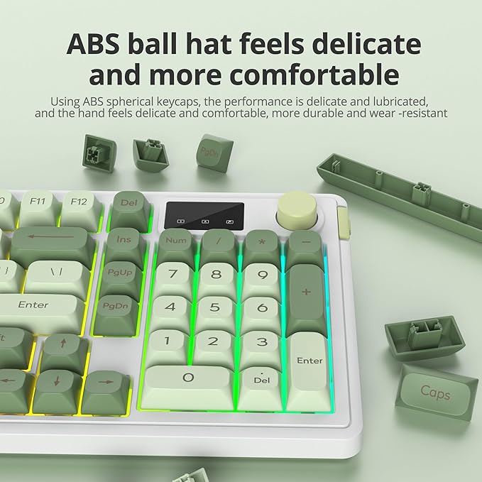 96% Wireless Keyboard with Number Pad and Knob,3-Modes Wired/Bluetooth 5.0/2.4G 98 Keys ABS Ball Caps RGB Quiet Mechanical Feel Membrane Gaming Keyboard for Win/Mac（Matcha）