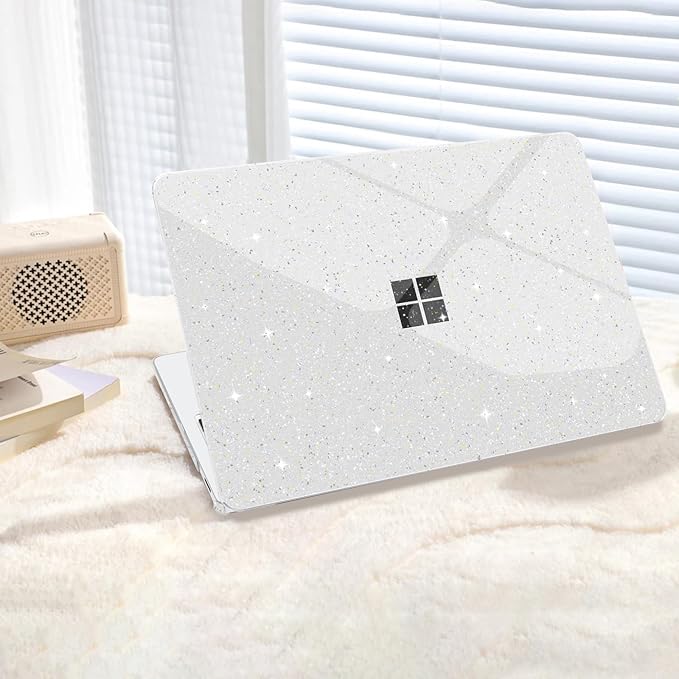 G JGOO Compatible with 13.8 inch Microsoft Surface Laptop 7 Case Touchscreen 2024 (7th Edition) Model 2036, Clear Glitter Plastic Hard Shell Case + Keyboard Cover + 50 Pcs Laptop Stickers, Sparkly