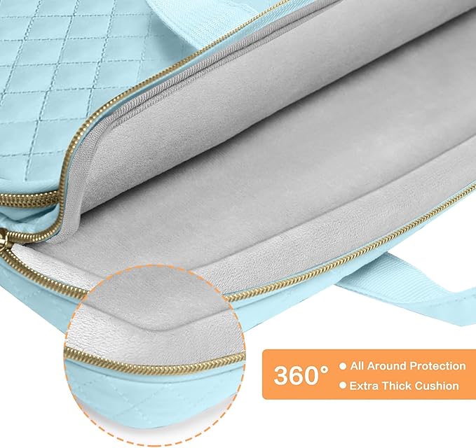 MOSISO 360 Protective Laptop Case 13.3 inch, 13-13.3 inch Laptop Sleeve Compatible with MacBook Air/Pro 13/Pro 14,HP Dell ASUS Lenovo, Square Quilted Bag Cover with 2 Pockets&Handle&Belt, Ice Blue
