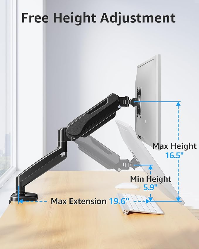 MOUNTUP Single Monitor Desk Mount Holds Screen up to 32 inch, Height Adjustable Monitor Arm, Full Motion Computer Monitors Stand with Clamp/Grommet Base, VESA Mounts Fit 4.4-17.6lbs Computer, Black