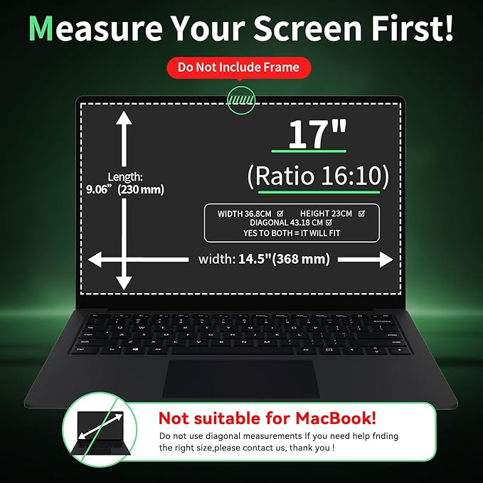 Laptop Privacy Screen 17 Inch, Laptop Screen Privacy Shield 16:10 Aspect Ratio Anti-Glare Blue Light Computer Monitor Protector,Removable 17in Filter for Lenovo HP Dell Acer Asus Thinkpad Envy Xps
