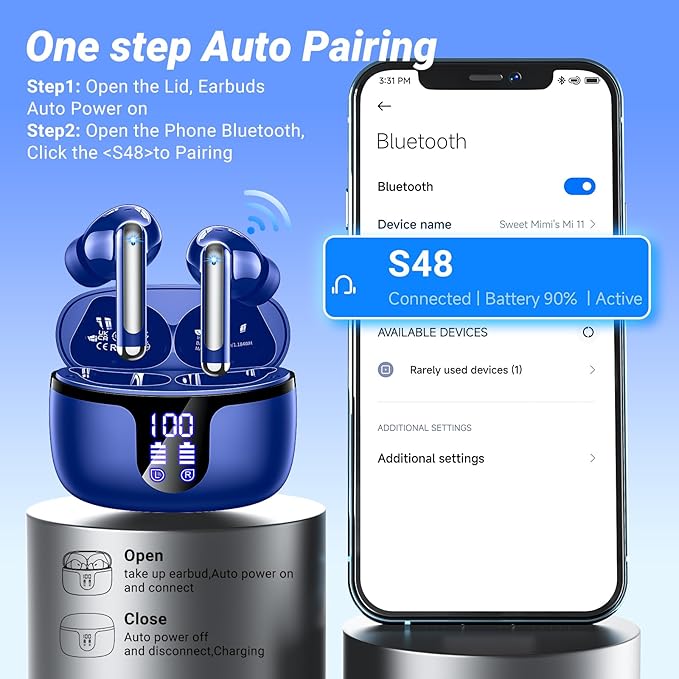 Wireless Earbuds Bluetooth 5.4 Headphones HiFi Stereo 42H Playback in Ear with 4 ENC Noise Cancelling Mic, IPX7 Waterproof and LED Battery Display Screen for Running Fitness Office Ear Buds in Blue