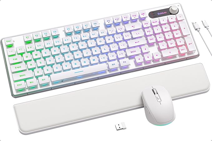 Wireless Keyboard and Mouse Combo - 9 Backlit Effects, Wrist Rest, Double-Shot Keycaps, Metal Panel, Long-Lasting Rechargeable, 2.4G Keyboard Mouse Set for Windows Mac PC Laptop – Sablute (White)