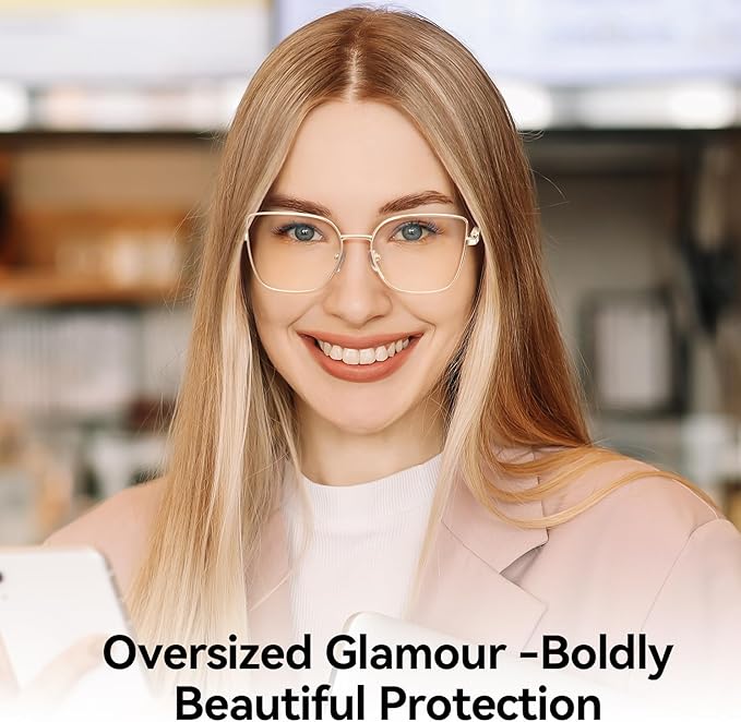 Dollger Square Blue Light Blocking Glasses for Women Trendy Oversized Computer Gaming Eyeglasses Cat Eye Metal Frame bluelight glasses Gold