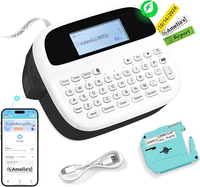 Label Maker Machine with-Tape, Rechargeable Label Maker Waterproof-Labels, Backlit Bluetooth Labeler, M950 12mm Portable Labeling Maker for Home Organization Office School Teacher Supplies