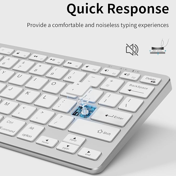 kenke Wireless Keyboard, 2.4GHz / Bluetooth 1.0/2.0 Wireless Keyboard, Low Profile & Lightweight, 78 Key, Fluid Precise Quiet Typing, Supports Bluetooth Connection, USB Rechargeable, Silvery White