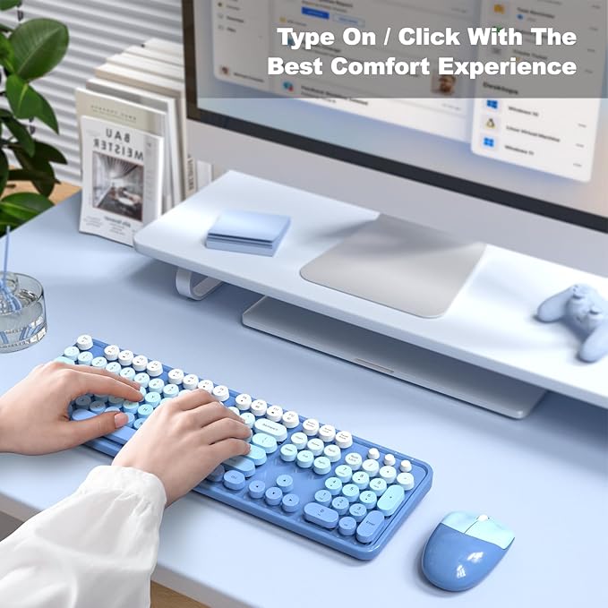 MOFII Wireless Keyboard Mouse Combo, Typewriter Full Size Keyboard with Number Pad and 2 in 1 USB Connected Mouse for PC Computer Laptop Desktop Windows (Blue Colorful)