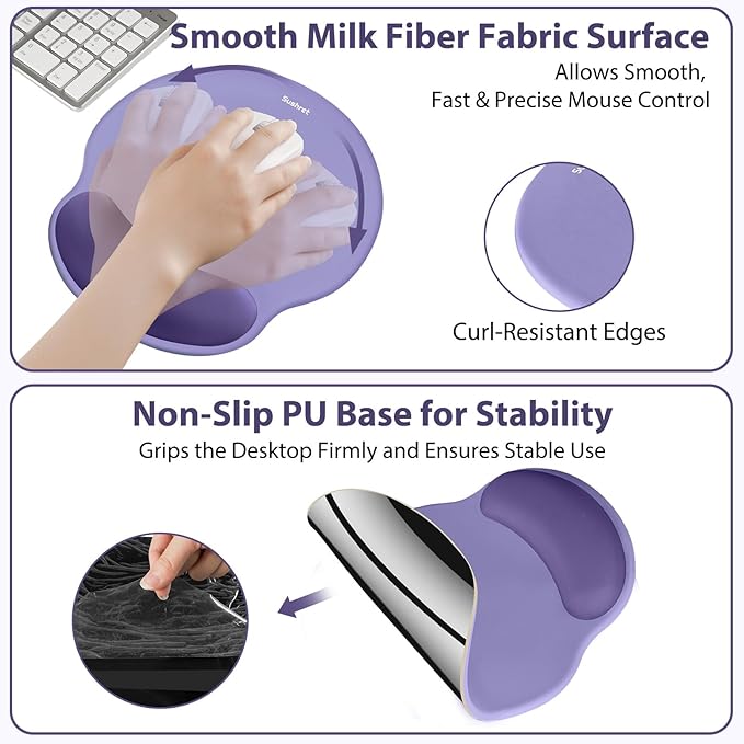 Sushret Mouse Pad and Keyboard Wrist Rest, 3-in-1 Gel Memory Foam Ergonomic Mouse Pad with Wrist Rest Set, Gaming Mousepad Arm Cushion Support for Computer Office Desk Accessories Cute Setup, Purple