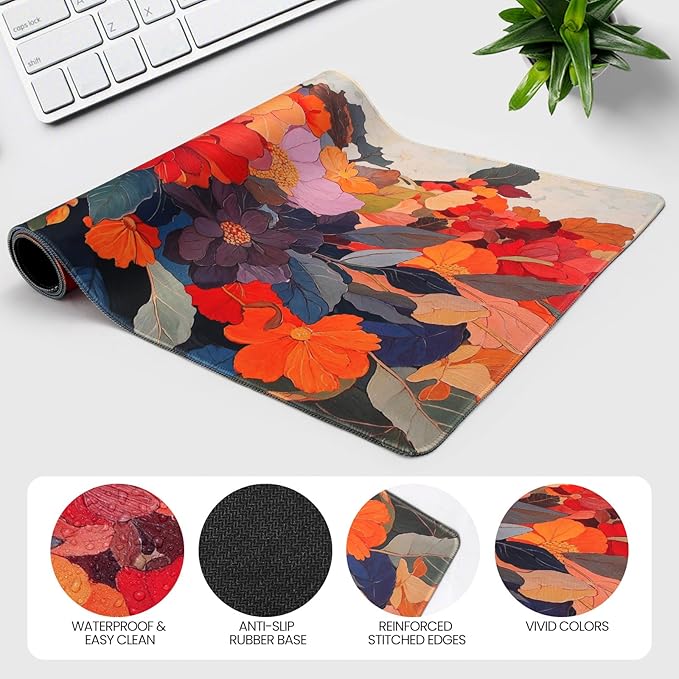 Extended Mouse Pad, Floral Design, 35.4 x 15.7 Inches, Microfiber Cloth Surface, Non-Slip Rubber Base, Rectangular Desk Mat for Gaming and Work