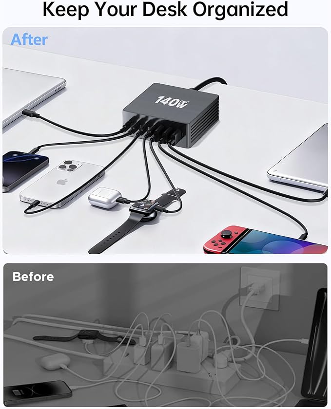 USB C Charging Station, 140W GaN III 7 Port Fast Charger Station, PD 3.0 USB Charging Station for Multiple Devices, USB Charging Hub, Multiple USB C Charger Station for iPad iPhone Samsung Android
