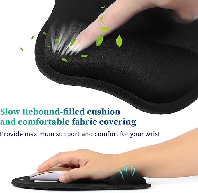 TIDALSOIL Mouse Pad with Wrist Support, Ergonomic Mouse Mat with Non-Slip PU Base, Pain Relief Memory Foam Mousepad for Office & Home, Black