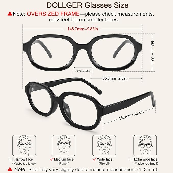 Dollger Blue Light Glasses for Women Oversized Oval Fashion Computer Glasses Retro Chunky Frame Clear Lens