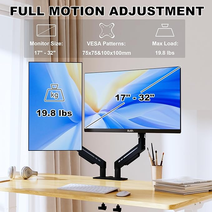 THEARK Dual Monitor Stand for Desk - Dual Monitor Mount for 17-32 Inch Screens,Height Adjustable Dual Monitor Arm Desk Mount with Clamp and Grommet Base,75x75/100x100mm VESA Mount,Max 19.8 lbs,Black