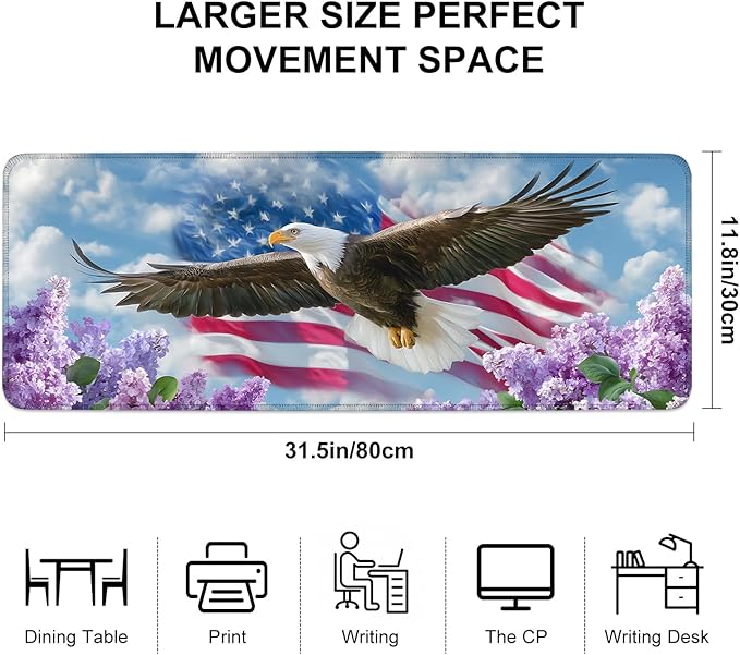 Mouse Pad, Large Anti-Slip with Stitched Edges Desk Mat Desktop Laptop Computer Desk Keyboard Mat,Table Protector Blotter Mat (Flowers and Eagles, 31.5" x 11.8")