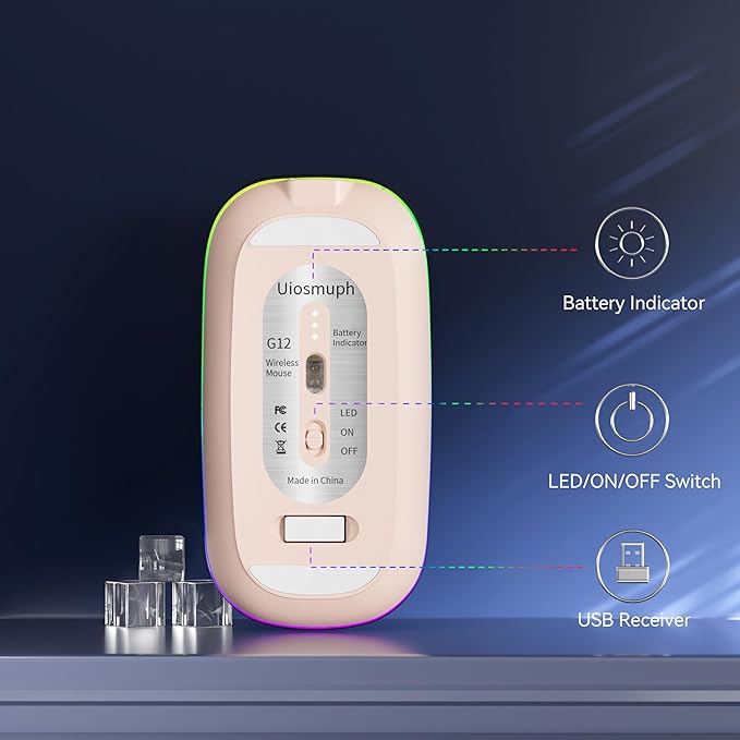 Uiosmuph LED Wireless Mouse, G12 Slim Rechargeable Silent Mouse, 2.4G Portable USB Optical Wireless Computer Mice with USB Receiver and Type C Adapter (Nude Pink)