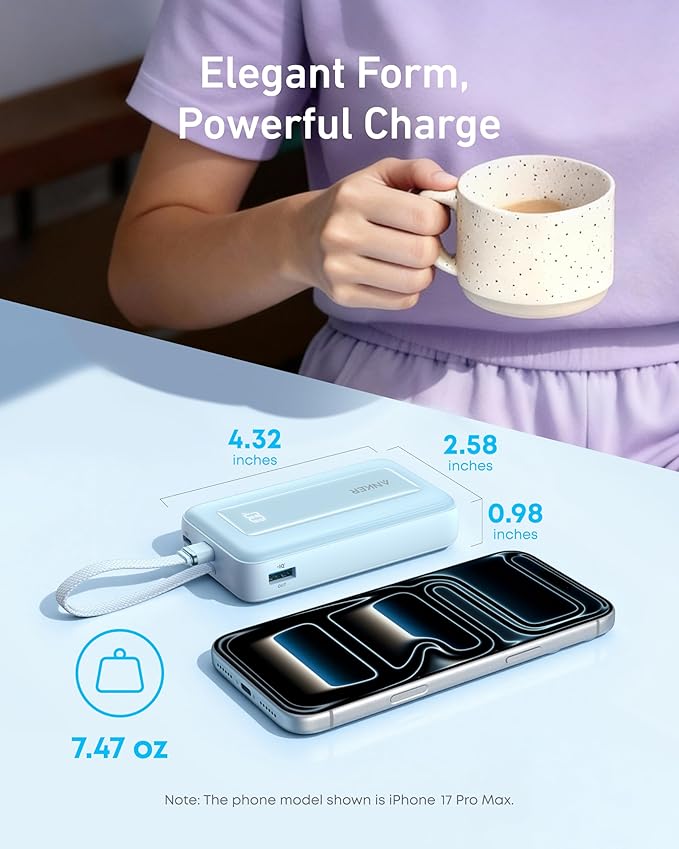 Anker Portable Charger, 10,000mAh 30W Power Bank, USB-C in and Out Fast Charging Battery Pack, Travel Essential Phone Power Bank, for iPhone 17/16, Galaxy and More (White, 10000, Milliamp Hours)
