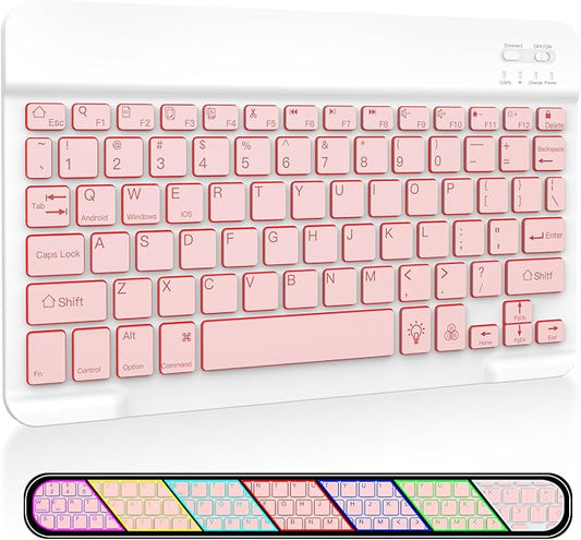 XIWMIX Ultra-Slim Wireless Bluetooth Keyboard-7 Colors Backlit Universal Rechargeable Portable Keyboard for iPad 10th/9th/8th/iPad Pro/Air/Mini/Galaxy Tablet & Other iOS Android Windows Devices-Pink