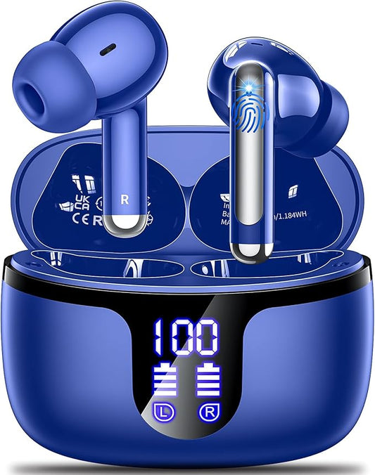 Wireless Earbuds Bluetooth 5.4 Headphones HiFi Stereo 42H Playback in Ear with 4 ENC Noise Cancelling Mic, IPX7 Waterproof and LED Battery Display Screen for Running Fitness Office Ear Buds in Blue