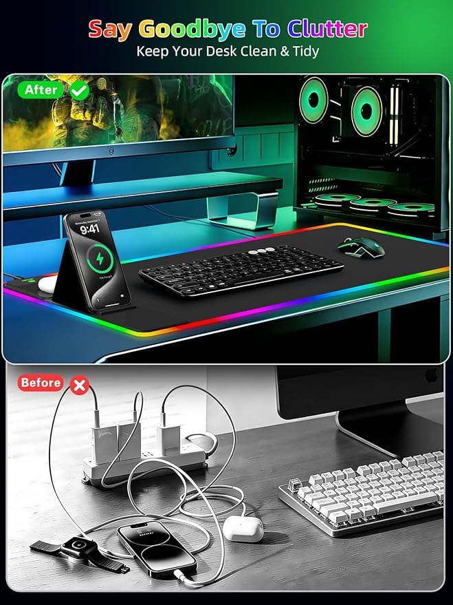 Mouse Pad with Adjustable Phone Stand Dual Wireless Charger, 15W Fast Charging Desk Mat, Extra Large 31.5x15.75 Waterproof Desk Pad for iPhone Samsung Air-Pods, Gaming Mousepad w/ 11&4 RGB