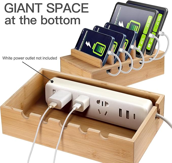Bamboo Charging Station for Multiple Devices, Cell Phone Docking Charging Station Organizer, Nightstand Bedside Desk Device Charger Organizer for Laptop, Tablets and iPads