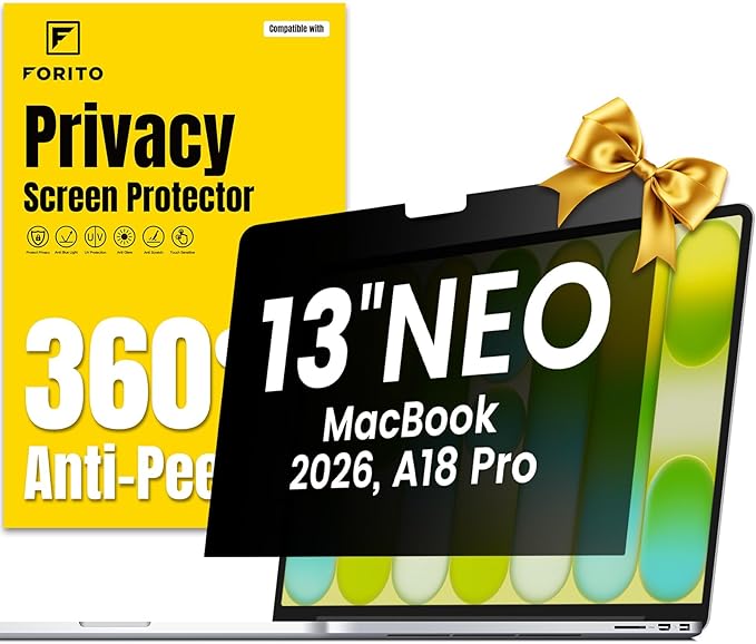 F FORITO 360° Privacy Screen Protector Compatible with 2026 MacBook Neo 13 inch A18 Pro Chip A3404 - Anti Blue Light Anti Glare and Scratch Resistant Laptop Privacy Screen Shield