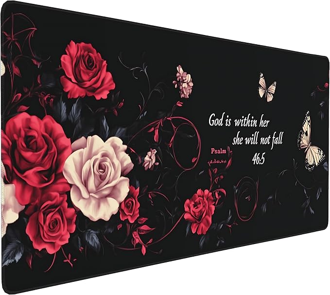 Floral Aesthetic Rose Gaming Mouse Pad, Black Red Gothic Desk Mat with Anti-Slip Base & Stitched Edges, Office & Home Desk Decor for Women, 35.4" x 15.7" in Computer Desktop Mat