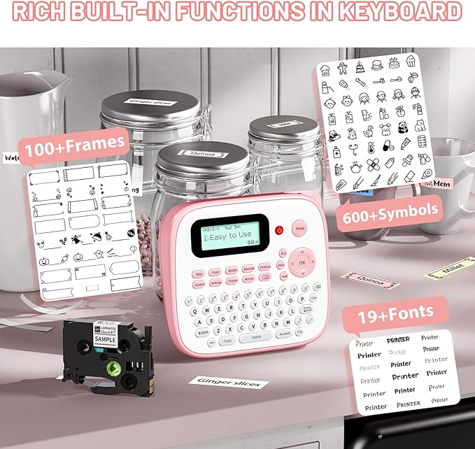 Pink Label Maker Machine with-Tape Waterproof, Portable Kids Label Maker, Keyboard Labeler Handheld, D210S Easy Labeler Machine with Multiple Fonts Frame Barcode for Home Office School Supplies