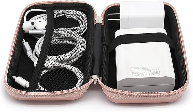iMangoo Travel Essential Electronics Organizer Charger Case, Shockproof Dual Zipper Power Bank Cables Tech Accessories Pouch Purse, Men & Women Travel Must Have Storage Bag, 6.5x3.2x1 inch Rose Gold